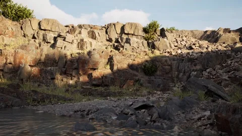 Ruined Stone Wall and Rubble, Slow Push-In from Water Edge Stock Footage 342333127