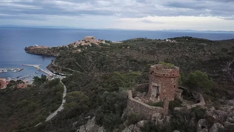 Ruined tower seaport Video stock 128534355