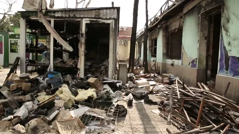 A Ruined town at War under attack Stock Footage 171628216