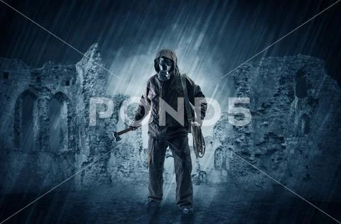 Ruined wallpaper with hazard man Stock Photos
