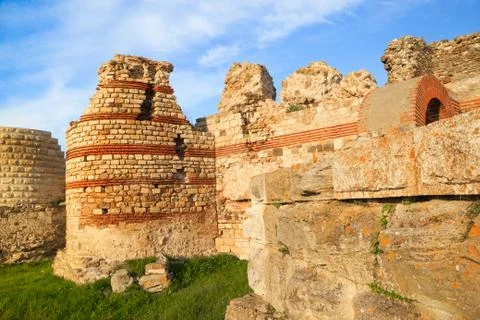 Ruined walls around the old Nessebar town, Bulgaria. Stock Photos