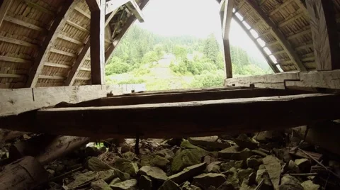 Ruined wooden structure in the attic Stock Footage 45386955