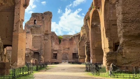 Ruines baths caracalla terme rome display arched doors columns black bird walks Stock Footage 321829068
