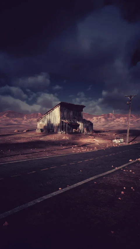 Ruinous timber edifice lying in ashes with fiery glow overhead Stock Footage 329680361