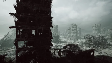 Ruinous vertical structure rises amid chaos and gloomy weather conditions Stockbeeldmateriaal 334341069