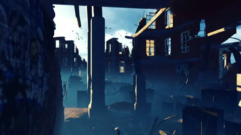 The ruins of an abandoned destroyed post-apocalyptic city at sunset. The Concept Stock Footage 115666833