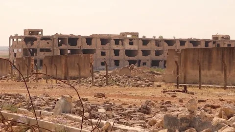 Ruins of Aleppo Central Prison after Syrian war, symbol of destruction, survival Stock Footage 320047215