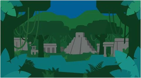 Ruins of an ancient mayan temple complex in the jungle with rainforest, tro.. Stock Illustration