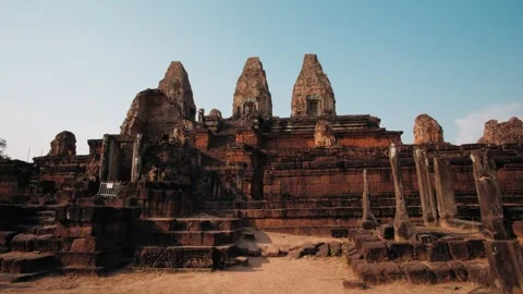 Ruins of the ancient pre rup temple against a clear blue sky. A historic khmer Stock Footage 325070587