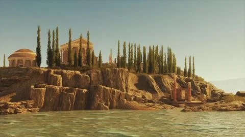 Ruins of an ancient Roman temple surrounded by lush greenery beside a river Stock Illustration