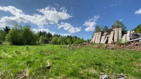 Ruins and tree-lined roads in an abandoned city. 4K shooting. Stock Footage 132388007