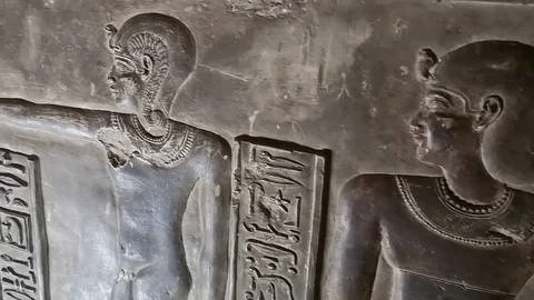 The ruins of the beautiful Temple of Dendera, Egyptian hieroglyphs, wall inscrip Stock Footage
