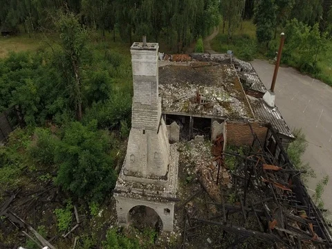 Ruins of bunt house aerial view Stock Footage