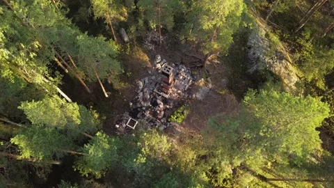Ruins of a burned down building in forest Stock Footage 157017826