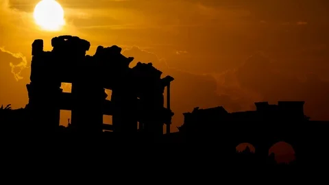 Ruins of Celsius Library in ancient city Ephesus, Time Lapse at Sunset, Turkey Stock Footage 108221284