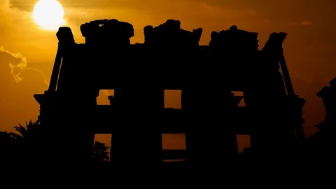 Ruins of Celsius Library in ancient city Ephesus, Silhouette at Sunset, Turkey Stock Footage 108221291