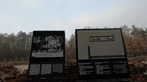 The ruins of the crematorium at Auschwitz on a cloudy winter day, evoking a.. Stock Footage 293282674