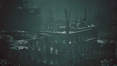 Ruins of a desolate cityscape after a catastrophic event at twilight 스톡 동영상 310501744