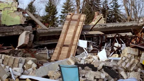 The ruins of a destroyed cafe after shelling in Ukraine Stock Footage 266222186