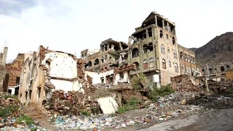 The ruins of a destroyed house due to the violent war in Yemen, Taiz Stock Footage 158501138