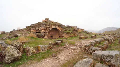 Ruins of Different Buildings in Urfa Castle Snow and Rain Stock Footage 75410278