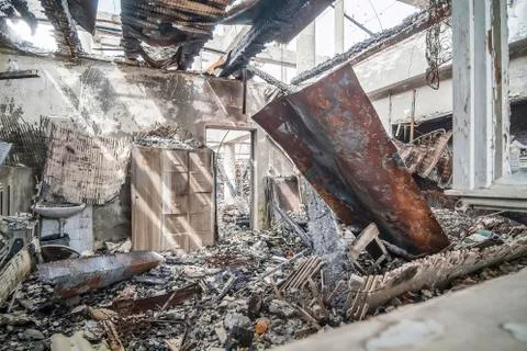 Ruins by fire in an industrial complex Stock Photos
