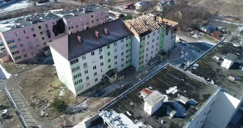 Ruins of house, damaged by shelling, Russian attack. Stock Footage 234056341