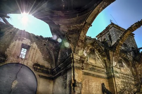 Ruins inside of one old abandoned church Stock Photos