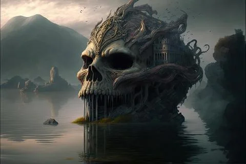 Ruins By A Large River Stock Illustration