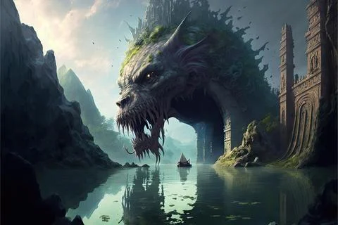 Ruins By A Large River Stock Illustration
