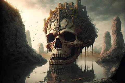 Ruins By A Large River Stock Illustration