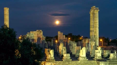 Ruins of the largest in the world Apollo temple with spectacular moonset in Stock Footage 50726041