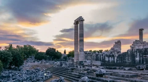 Ruins of the largest in the world Apollo temple with spectacular sunrise, Didim Stock Footage 50860206
