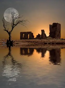 Ruins moonrise Stock Illustration