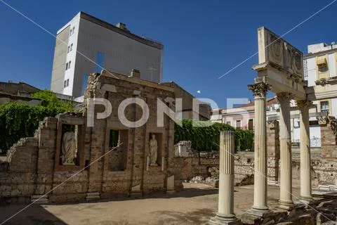 Ruins of the old Augusta Emerita Municipal Forum of Merida Stock Photos