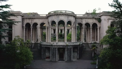 The ruins of the old Soviet sanatorium, whose architecture which is basically a Stock Footage 129177066