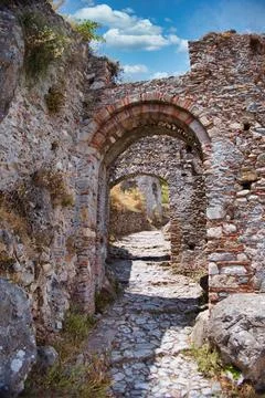 Ruins of old town in Mystras, Greece Stock Photos