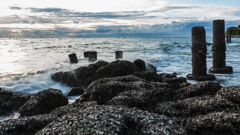 Ruins of the pier pillars, Time-lapse Stock Footage 92669878