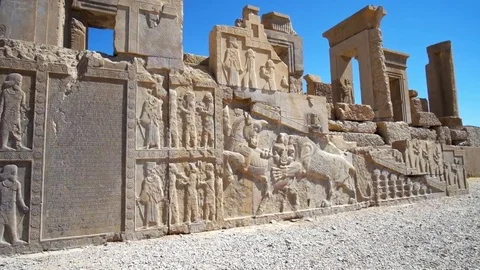 Ruins with reliefs in Persepolis Stock Footage