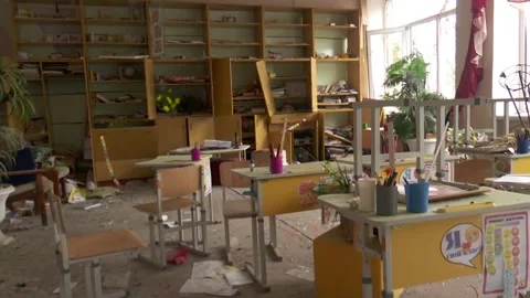 Ruins of a school destroyed by a Russian troops. South of Ukraine. Stock Footage 245232147