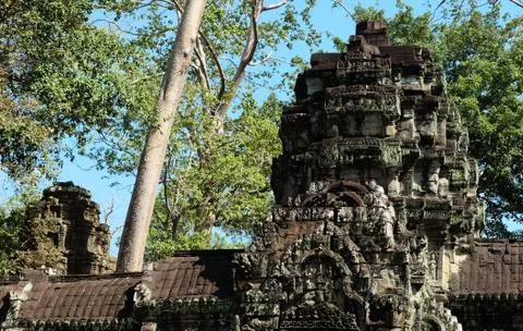 The ruins of the temple complex of Ta Prohm in Cambodia. Stock Photos