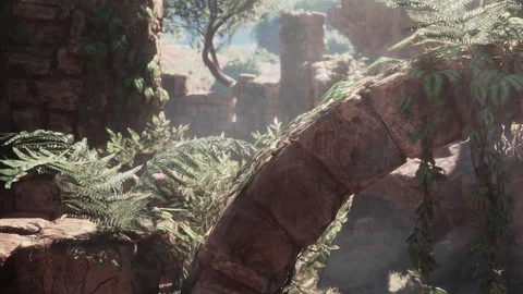 Ruins with vegetation showing the effects of time in a sunny location Stock Footage 345064129
