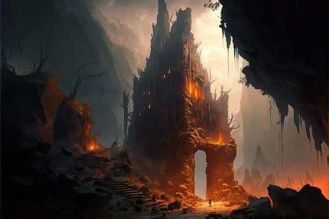 Ruins In A Volcano Stock Illustration
