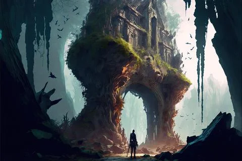 Ruins Within A Forest Stock Illustration