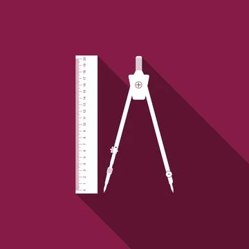 Ruler and drawing compass icon isolated with long shadow. Drawing professional Illustrazione stock