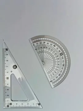Ruler and protractor on white background flat lay Stock Photos