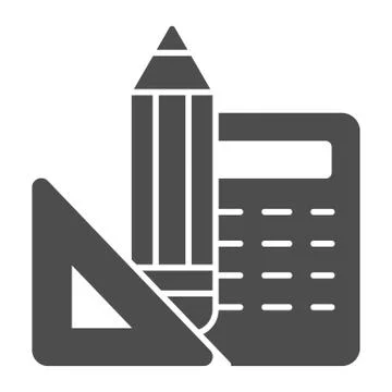 Ruler, pencil and calculator solid icon, school concept, mathematics tools sign Stock Illustration