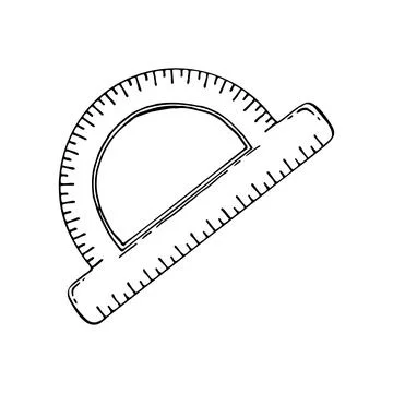 Ruler protractor line art. Measuring device, circle, radius, straight line... Illustrazione stock