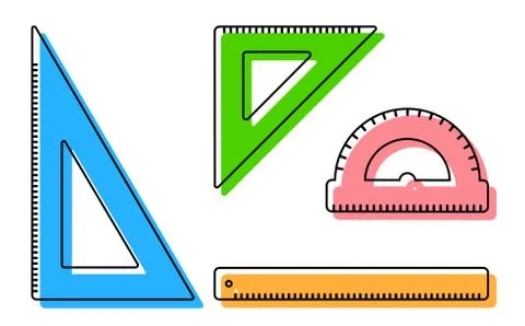 Ruler, protractor, triangle icons. School measuring instruments. School teach Illustrazione stock