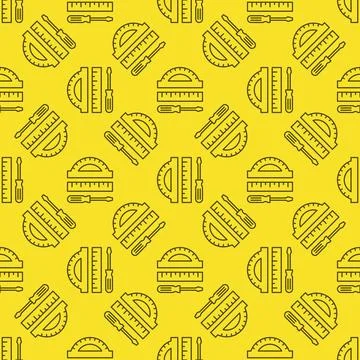 Ruler with Screwdriver and Protractor vector line yellow seamless pattern Illustrazione stock